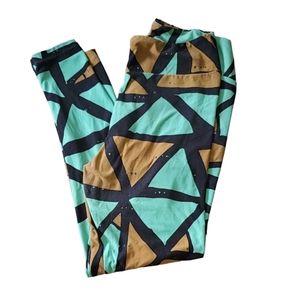 LuLaRoe Womens Leggings Green Brown Black Geometric Tall & Curvy